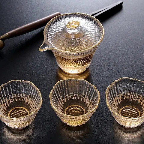 Service à Thé en Verre Martelė Style Chinois Bord Dorė Design en Bambou Gaiwan Résistant à la Chaleur Avec Coffret Cadeau