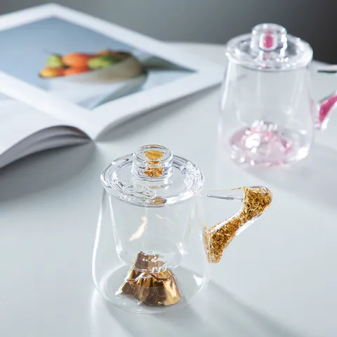 High-End Lead-Free Crystal Glass Mountain Peak Base Mug Creative Hand-Filled Quicksand Glitter Handle Coffee Cup Elegant Office Drinkware For Women