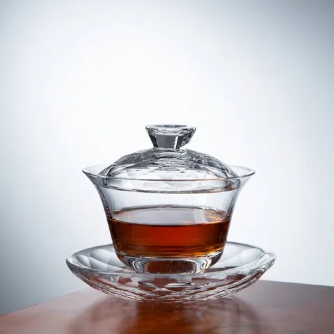 High-End Glass Kung Fu Tea Service Faceted Gaiwan Gongdao Cup Tasting Cups Vintage Wooden Gift Box Luxury Glassware For Home
