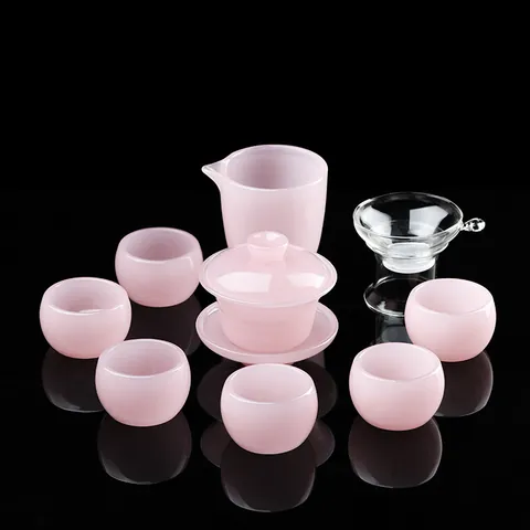 Modern Chinese Style Pink Glass Tea Kit Pink Liuli Gaiwan Fairness Cup Tea Strainer Tasting Cup For Home Office Tea Lover Gift