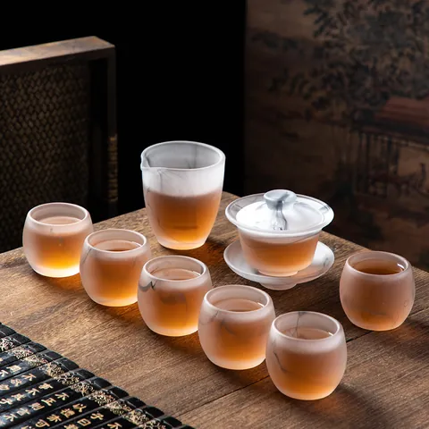 Colección de Té de Vidrio Lavado de Tinta Estilo Chino Tazón de Té Gaiwan Engrosado Taza Fair Tazas de Degustación Accesorios de Té Kung Fu Zen Hechos a Mano