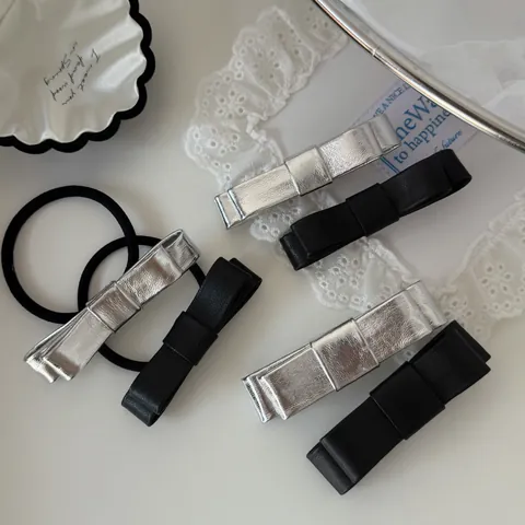 Balletcore PU Leather Bow Hair Clip Hair Tie Ribbon Duckbill Clip French Vintage Silver Black Hairpins For Women Fashion Accessories