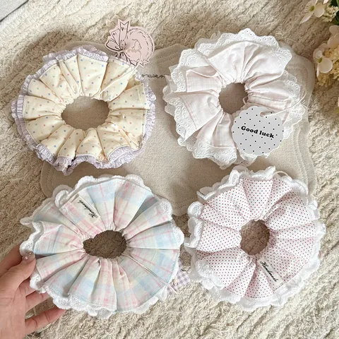 Korean Style Handmade Lace Scrunchies Polka Dot Floral Pattern Cotton Satin Hair Ties Sweet Retro Hair Accessories For Women