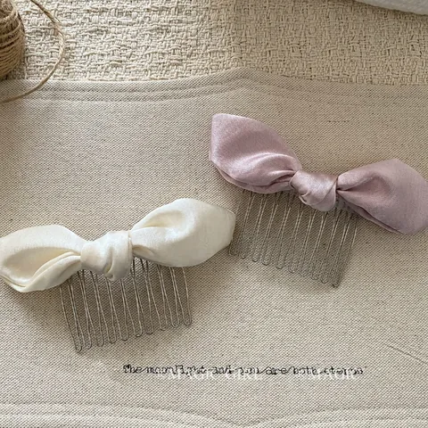 Sweet Satin Bow Hair Comb Rabbit Ear Style French Retro Bowknot Hairpin Accessory For Women Girl Hairstyling