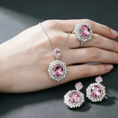 Lussuoso Set di Gioielli in Strass Taglio Ovale Lega di Ferro Intarsiato Cristallo Collana Orecchini Anello per Donna Accessori da Festa