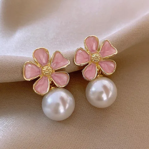French Vintage Sweet Enamel Flower Artificial Pearl Stud Earrings Zinc Alloy Rhinestone Elegant Jewelry For Women Daily Dating