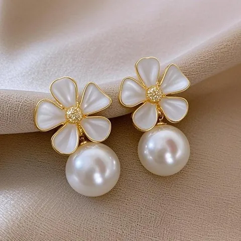 French Vintage Sweet Enamel Flower Artificial Pearl Stud Earrings Zinc Alloy Rhinestone Elegant Jewelry For Women Daily Dating