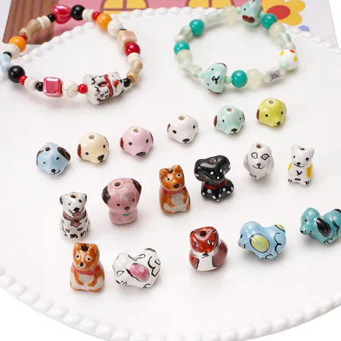 Hand Painted Ceramic Animal Beads Cute Cartoon Dog Cat Bear Shape Porcelain Spacer Beads For DIY Jewelry Making Bracelet Phone Chain Accessories