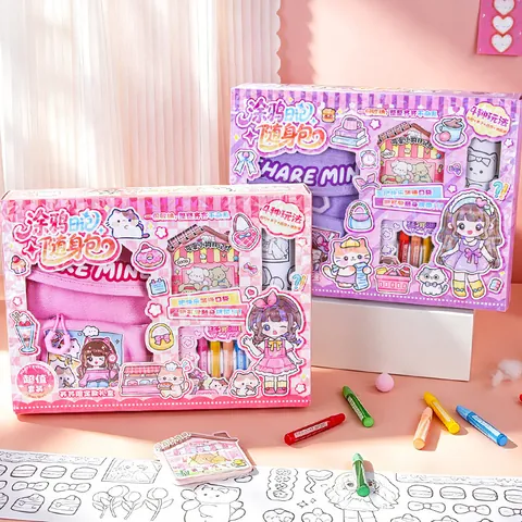 Portable Kids Drawing Stationery Kit Canvas Bag Oil Pastels Notebook Scroll Graffiti Diary For Travel School Pink Purple Gift
