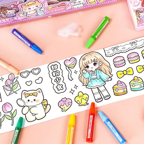 Portable Kids Drawing Stationery Kit Canvas Bag Oil Pastels Notebook Scroll Graffiti Diary For Travel School Pink Purple Gift