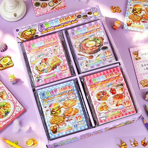 Food Scenery Sticker Book PET Coated Paper Gourmet Scene Scrapbooking Stickers Cartoon DIY Journal Materials For Students DIY Lovers