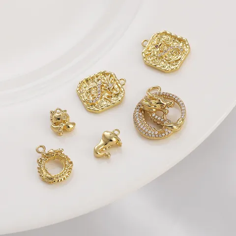 14K Gold Plated Copper Dragon Pendant DIY Jewelry Making Chinese Zodiac Rhinestone Charms For Bracelet Necklace Accessory