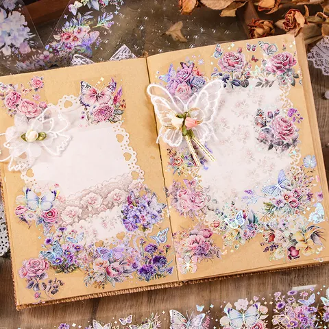 Watercolor Floral Butterfly PET Washi Tape Vintage Rose Glossy Ink Decorative Stickers For Scrapbooking DIY Journaling Art