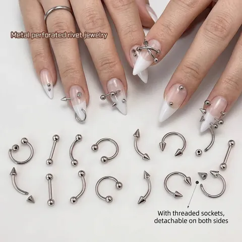 304 Stainless Steel Nail Art Perforated Rivets Jewelry Detachable Metal Piercing Studs For DIY Manicure Accessories Punk Style