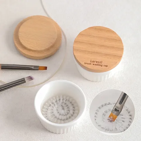 Ceramic Nail Brush Cleaning Cup With Wood Lid Spiral Steel Mesh Filter For Art Manicure Brush Washing Pot Support Stand Holder