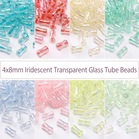 Iridescent Transparent Glass Bamboo Beads Bugle Beads For DIY Jewelry Making Colorful Glass Spacers For Bracelet Necklace Crafts Accessories