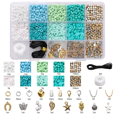 DIY Jewelry Making Kit Multicolor Polymer Clay Seed Beads With Charms Metal Accessories Elastic String For Bracelet Necklace Making