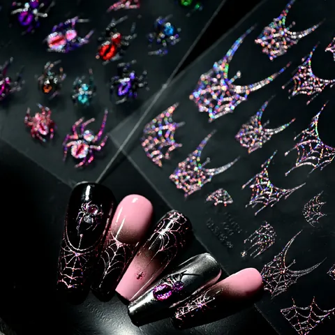 Halloween 3D Reliëf Laser Spinnenweb Nagelstickers Gothiek Bronzen Holografische Spinnenweb Nail Art Decals Voor Feest