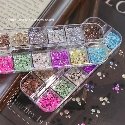 Aurora Mermaid Bubble Beads 12 Grids Box Nail Art Decorations Dreamy Candy Color Iridescent Glass DIY Manicure Jewelry Accessories