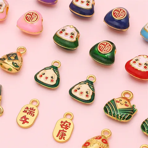 Alloy Enamel Dragon Boat Festival Zongzi Charms Lucky Character Pendants DIY Jewelry Making Handcrafted Woven Ropes Accessory