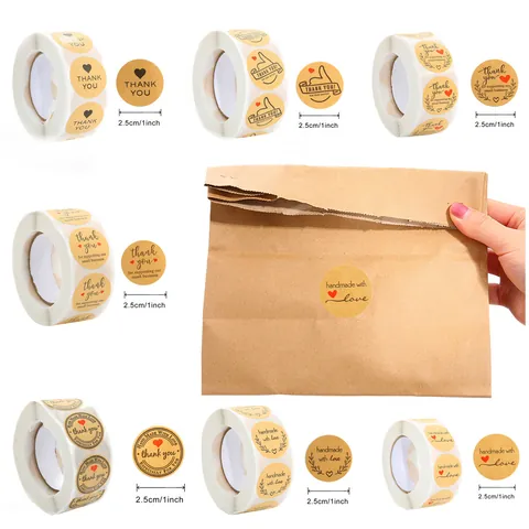 Round Kraft Paper Thank You Stickers Handmade With Love Self-Adhesive Seal Labels For Gift Packaging Envelope DIY Decoration