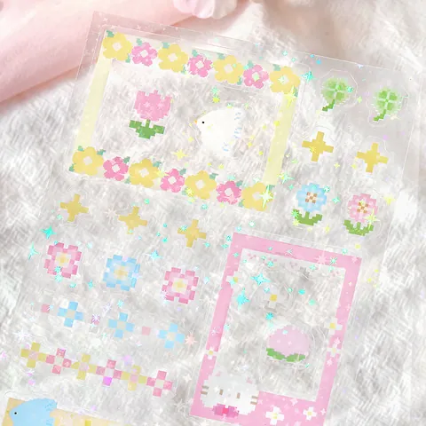PET Decorative Stickers Korean Cute Pixel Art Photo Frame Scrapbooking DIY Guka Decoration Laser Glitter Stickers For Journaling