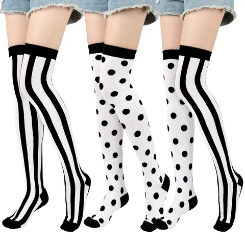 Calcetines Sobre la Rodilla Góticos Halloween Rayas Blanco Negro Lunares Medias para Mujer Cosplay Fiesta Accesorios