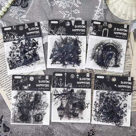 Adesivi in PET Schizzo Vintage Serie Narrativa d'Ombra Decalcomanie Trasparenti Farfalla Foresta Floreale per Scrapbooking Fai da Te Diario Decorazione