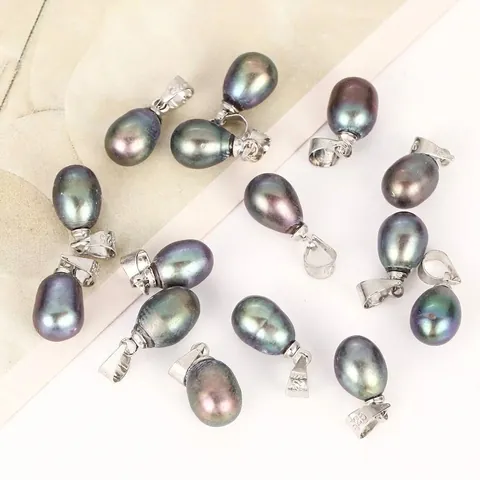 Natural Peacock Color Freshwater Rice Pearl Pendants With S925 Sterling Silver Bails For DIY Jewelry Making Necklaces Bracelets Drop Shape Accessory