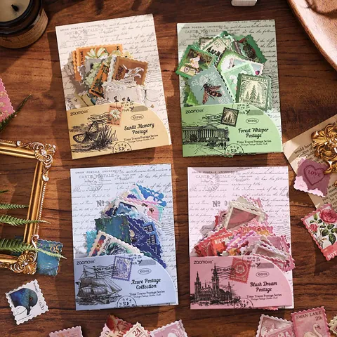 Vintage Postage Stamp Stickers 100PCS Time Traces Series Garden Style Coated Paper DIY Planner Material Decorative Decals