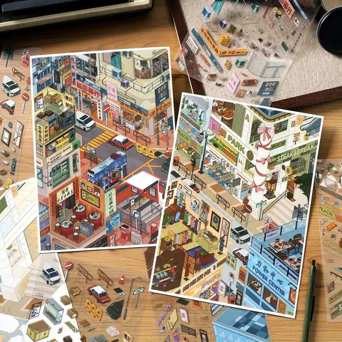 Infeel Me Large Miniature Cityscape Scenery PET Stickers Set Retro Hong Kong Style Architectural Journal Scrapbooking DIY Deco Stickers