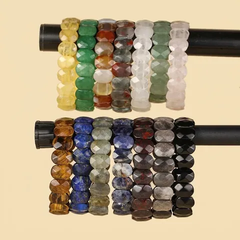 Faceted Natural Stone Bar Bracelet For Men Women Minimalist Stretch Bracelet Healing Crystal Western Style Hand Jewelry Accessories Gift