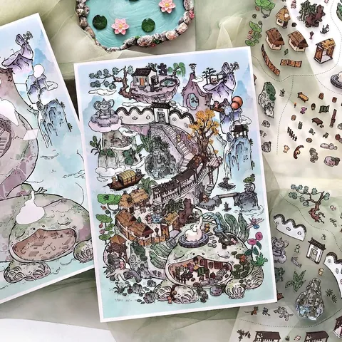 Infeel.Me My Cabin Collection Large Scenery Stickers Illustration Style PET Waterproof Decals For Journal Planner DIY Craft Decoration