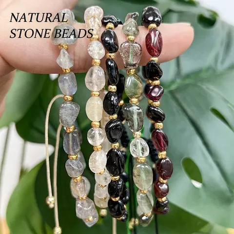 Unisex Natuursteen Armband Onregelmatig Granaat Groen Rutilated Kwarts Obsidiaan Citrien Labradoriet Kralenarmband Verstelbaar Handgemaakt