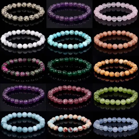 Natural Stone Beaded Bracelet For Women Men Handcrafted Crystal Amethyst Aquamarine Chalcedony Round Bead Stretch Bracelet Jewelry Gift