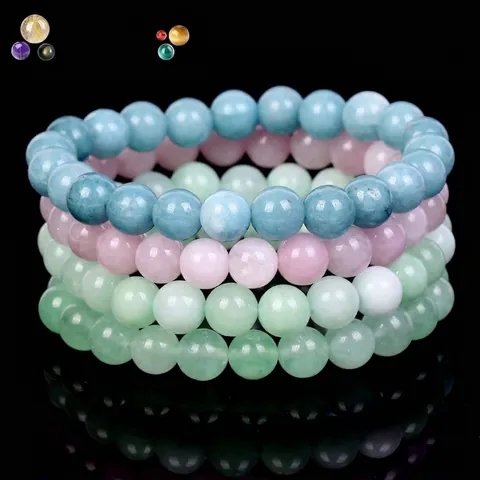Natural Stone Beaded Bracelet For Women Men Handcrafted Crystal Amethyst Aquamarine Chalcedony Round Bead Stretch Bracelet Jewelry Gift