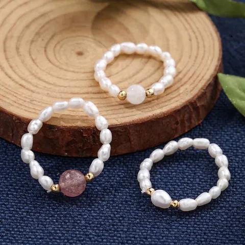 Süßwasserperle Perlenringe Für Damen Weißer Quarz Afrikanische Kiefer Weißer Marmor Elastisch Handgemacht Mode Schmuck Geschenk