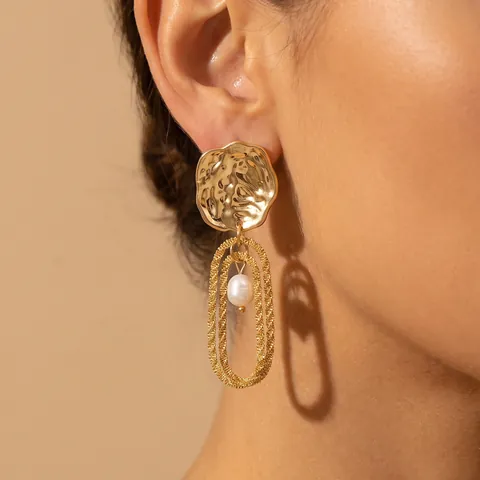 Stainless Steel Gold Plated Hammered Drop Earrings For Women Fashion Freshwater Pearl Chain Dangle Earrings Vintage Textured Jewelry