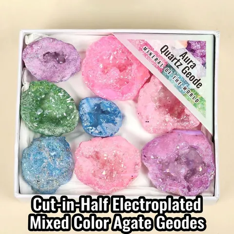 Coffret Cadeau de Géode d'Agate Naturelle Coupée Couleurs Mélangées Pierre de Cristal de Quartz Électroplaquée Pour Décoration Maison