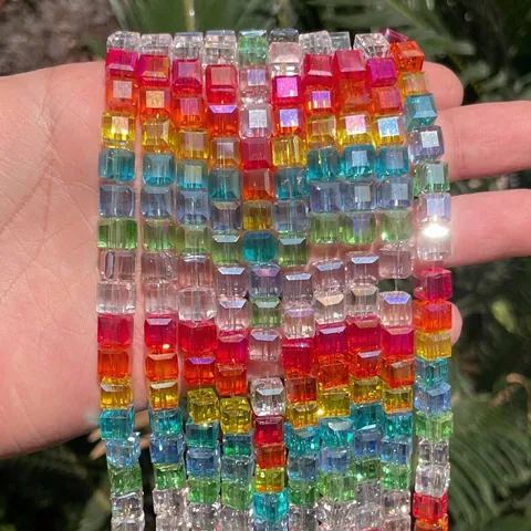 Rainbow Square Faceted Artificial Crystal Glass Beads Cube Spacer Beads For DIY Jewelry Making Bracelet Necklace Accessories