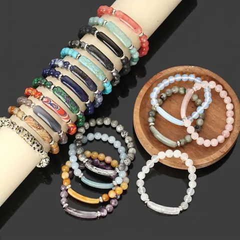 Natural Stone Round Bead Bracelet With Tube Charm Alloy Spacer Beads Bohemian Vintage Elastic Hand Chain For Men Women Jewelry