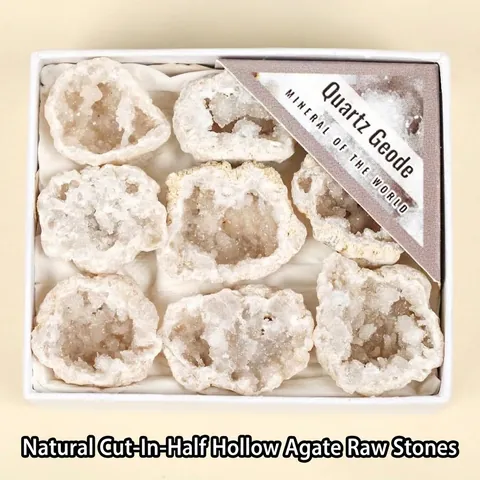 Ensemble de 8 Pierres Géodes de Quartz Naturel Agate Creuses Cristaux Bruts Minéraux Dans Boîte Cadeau Décoration Maison Collection
