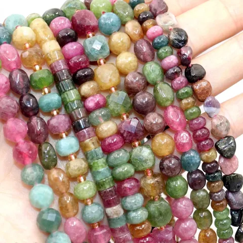 Natural Multi Color Tourmaline Beads Faceted Round Square Rice Shaped Loose Natural Stone Beads For DIY Jewelry Making Accessories Bracelet Necklace