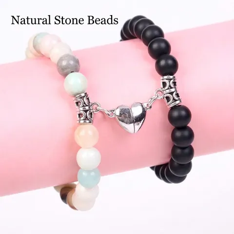 Couple Magnetic Heart Attraction Bead Bracelet Natural Lava Stone Matte Black Tiger Eye Healing Jewelry For Lovers Anniversary