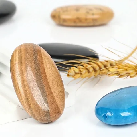 Oval Natural Stone Beads For DIY Jewelry Making Picture Jasper Black Onyx Vertical Hole Polished Loose Gemstone Beads For Crafting