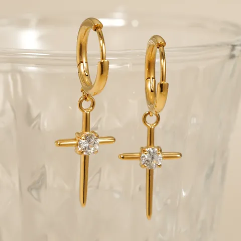 Minimalist Stainless Steel Cross Dangle Hoop Earrings With Zirconia Gold Silver Plated Cross Earrings For Women Luxury Jewelry Gift