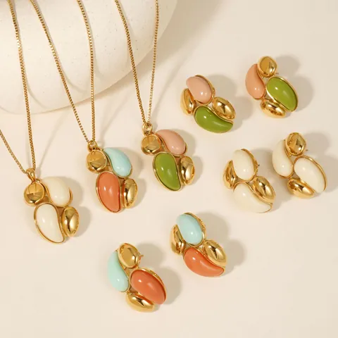 Stainless Steel Dopamine Splicing Resin Necklace Earrings Jewelry Set Geometric Pebble Pendant For Women Fashion Accessories