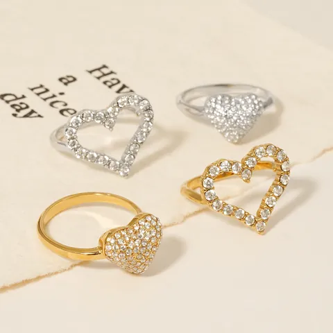 Stainless Steel Heart Ring Gold Silver Plated Rhinestone Inlaid Creative Hollow Heart Design Open Adjustable Ring Fashion Jewelry Women Gift