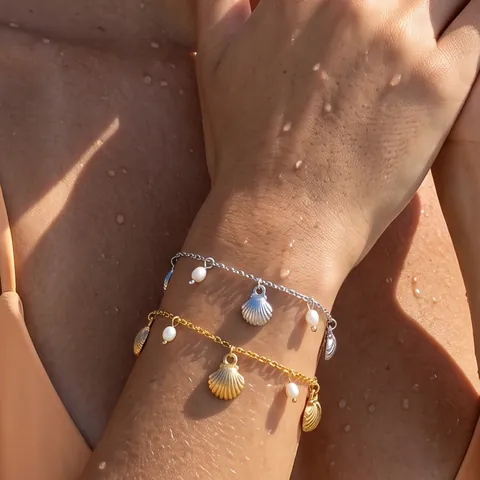 Ocean Style 304 Stainless Steel Shell Pendant Bracelet With Artificial Pearl PVD Gold Plated Fashion Jewelry For Women