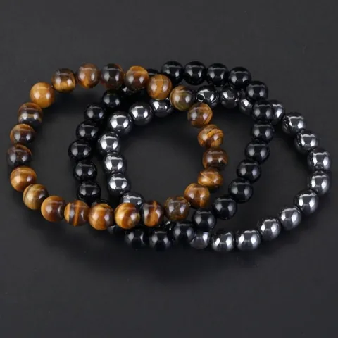 Natural Stone Beads Bracelet Black Onyx Tiger Eye Hematite Amethyst Stretch Bracelet Set For Men Women Handmade Jewelry